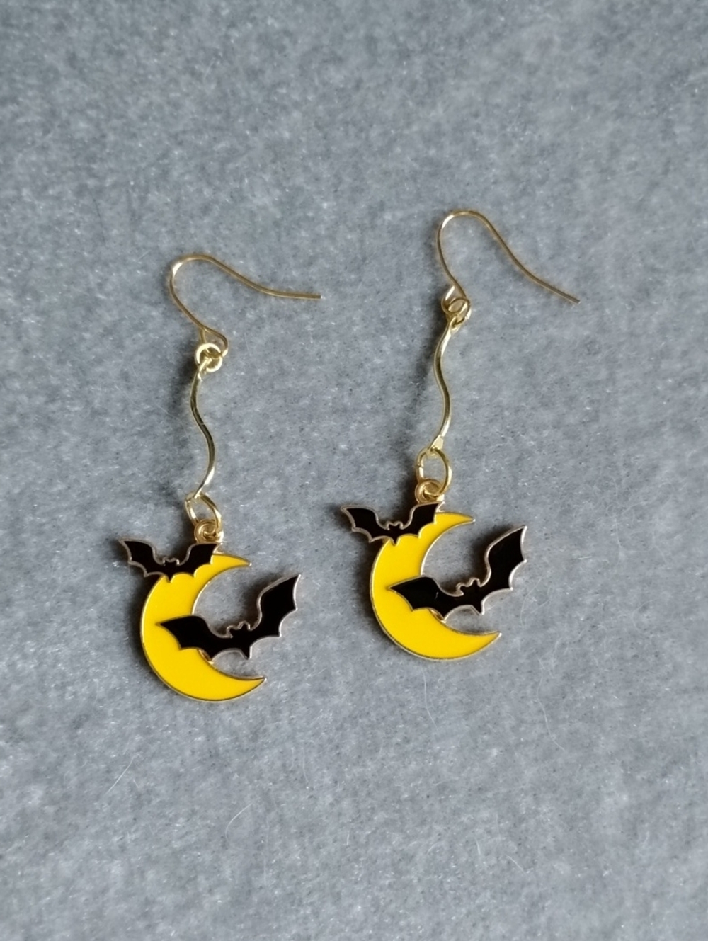 Hand Crafted Yellow Crescent Moon & Black Bat Drop Earrings Women Jewelry